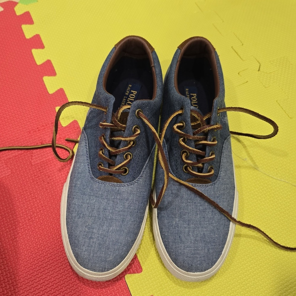 Polo Ralph Lauren Vaughn Saddle Chambray Sneakers - Men's Size 8.5D - Blue/Tan